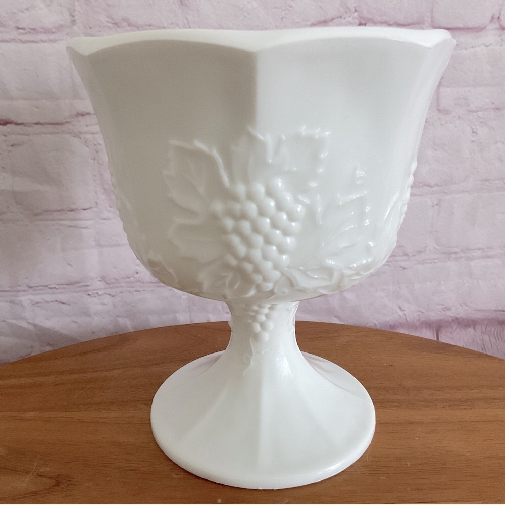 Vintage White Milk Glass Grape Pedestal Planter Bowl
